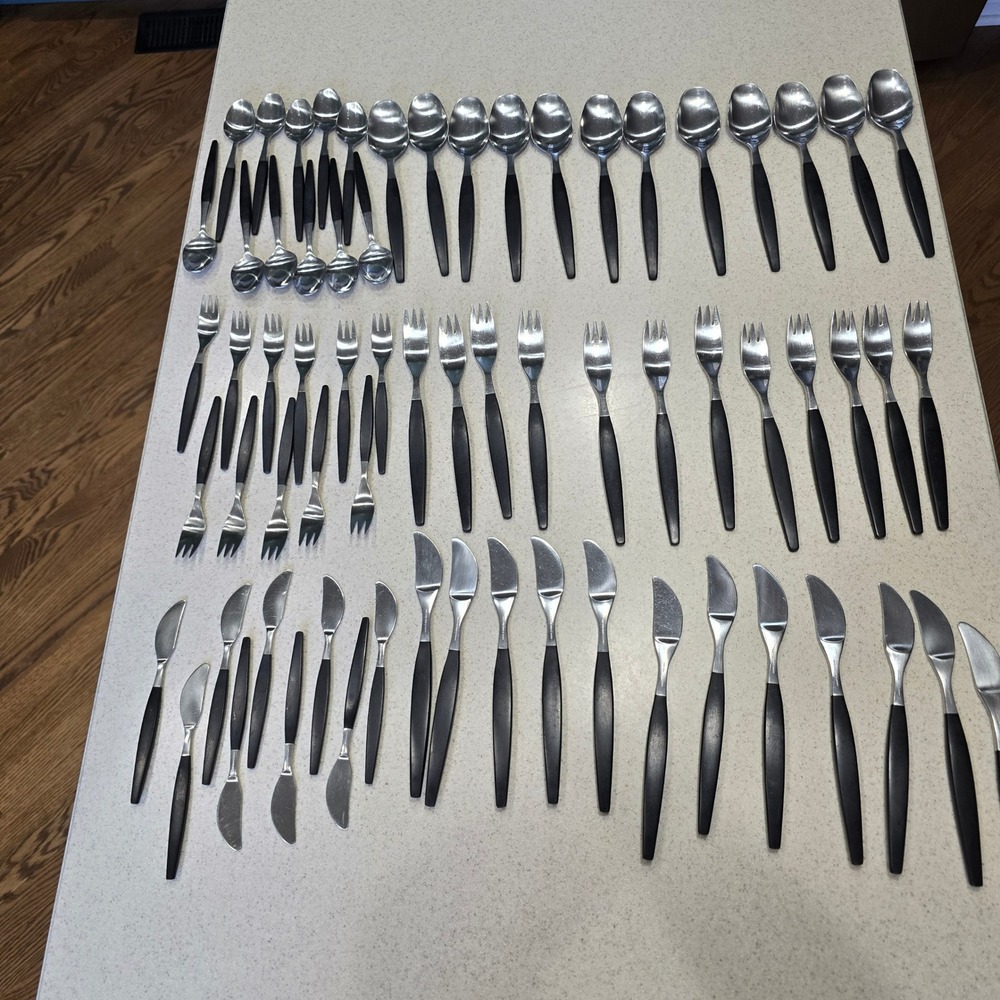 Gense Extra Stainless Sweden Flatware Set 67 Mid Century Modern Black Handle MCM